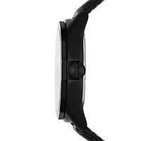 Three-Hand Day-Date Black Leather Watch and Black Stainless Steel Bracelet Set