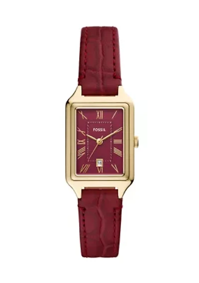 Gold Tone Red Leather Band Rectangle Watch