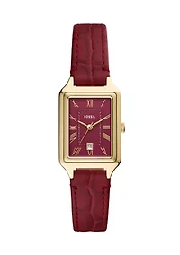 Gold Tone Red Leather Band Rectangle Watch