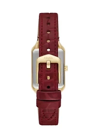 Gold Tone Red Leather Band Rectangle Watch