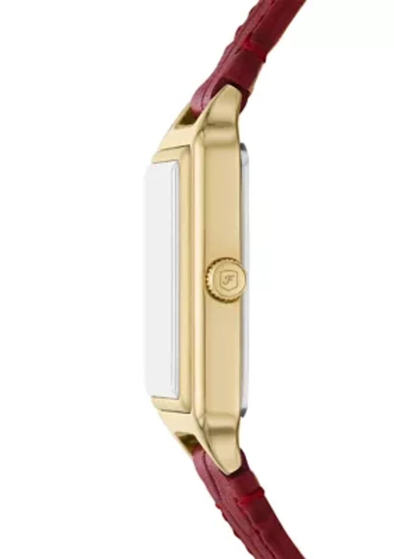 Gold Tone Red Leather Band Rectangle Watch