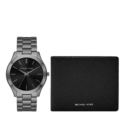 Slim Runway Three-Hand Gunmetal Stainless Steel Watch and Wallet Gift Set