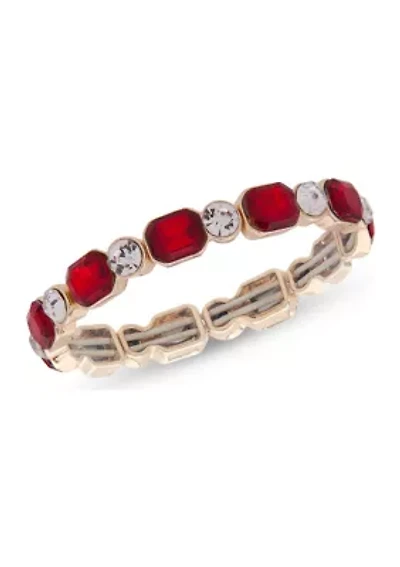 Gold Tone Bright Crystal and Red Stone Stretch Bracelet