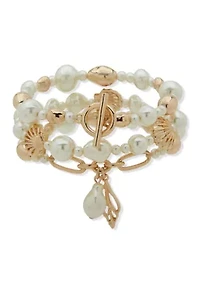Gold Tone Pearl 3 Row Beaded Stretch Bracelet Set