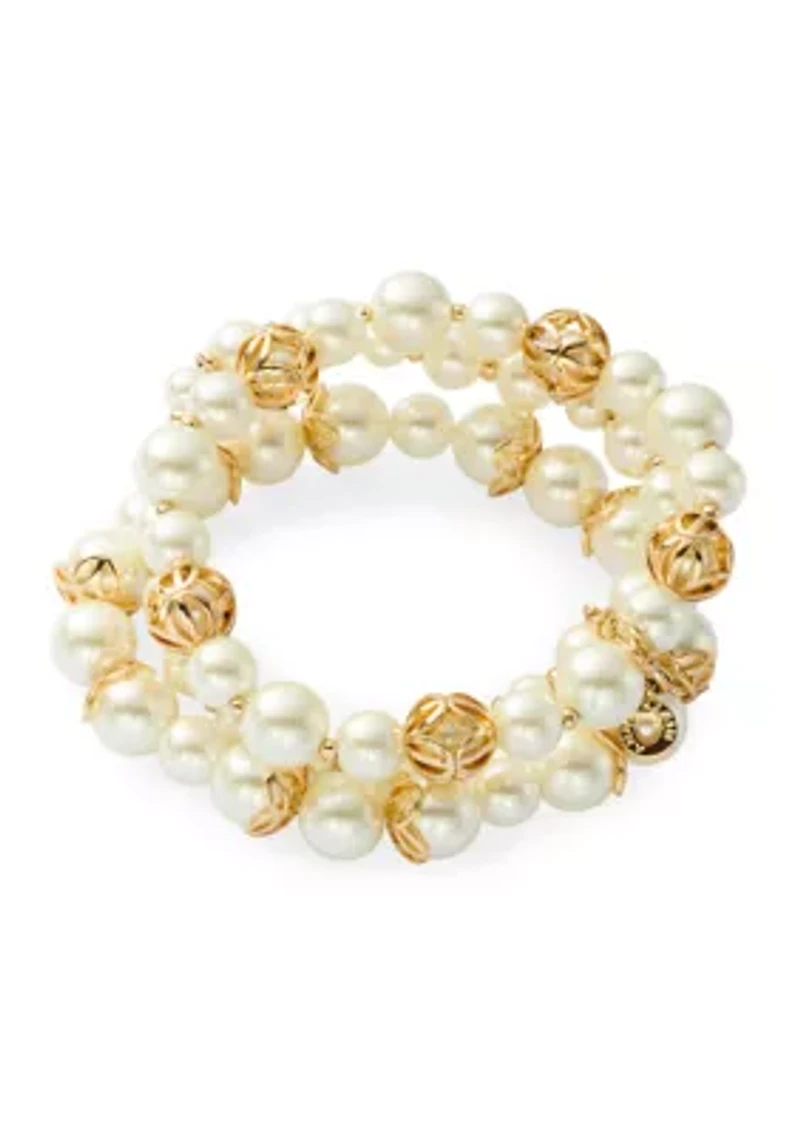 Gold Tone Caged Pearl Stretch Bracelet Set