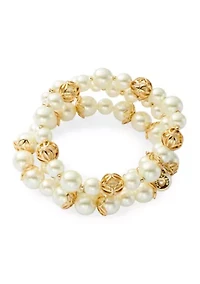 Gold Tone Caged Pearl Stretch Bracelet Set
