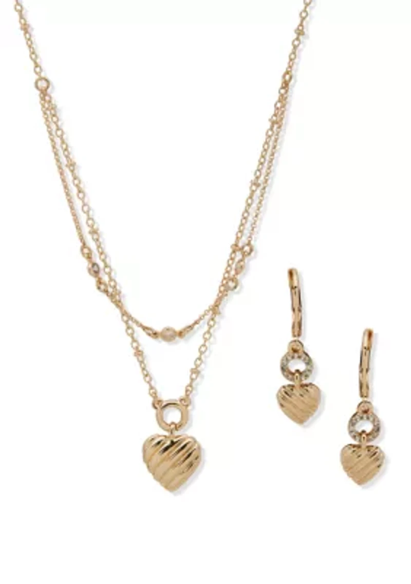 Multirow Heart Necklace and Heart Drop Earring Set