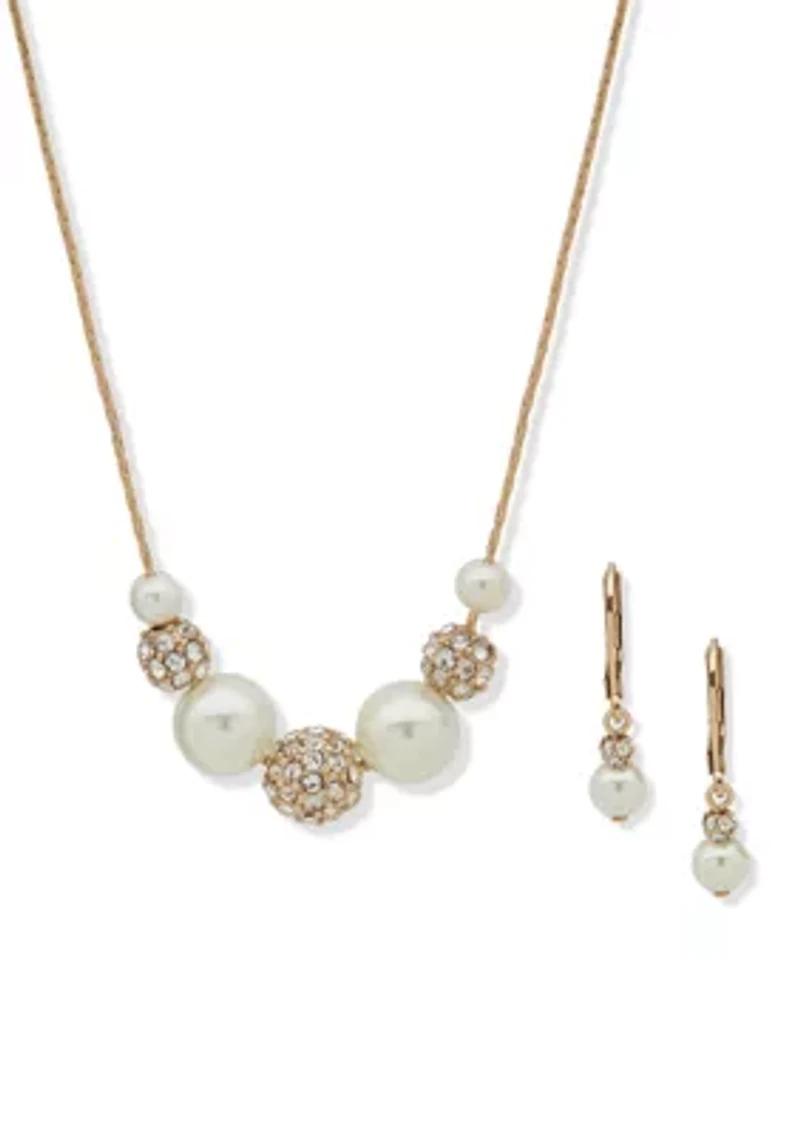 White Pearl Slider Gold Tone Necklace and Earring Set