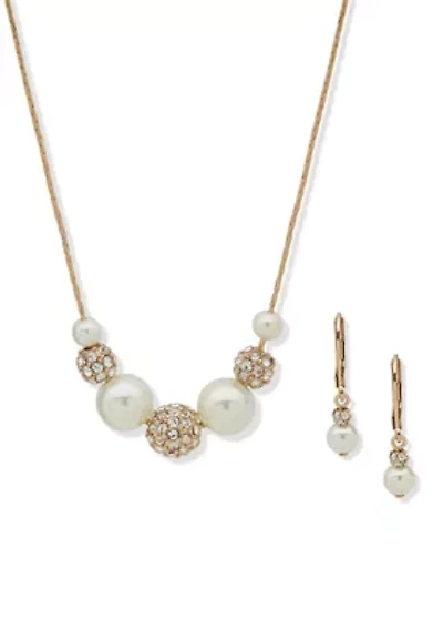 White Pearl Slider Gold Tone Necklace and Earring Set