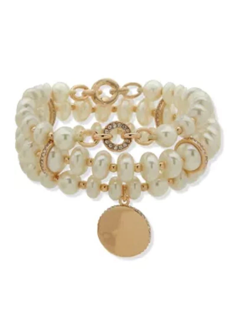 White Bead Gold Tone Three Row Stretch Bracelet