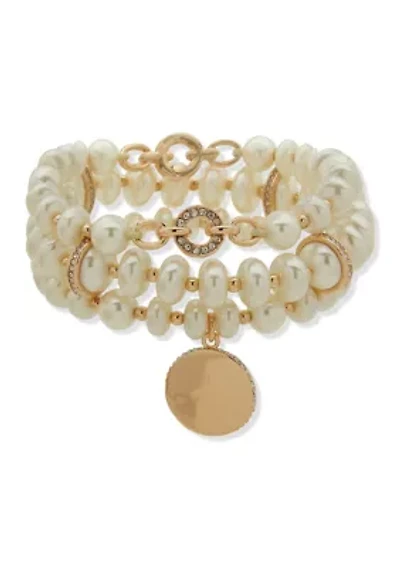 White Bead Gold Tone Three Row Stretch Bracelet