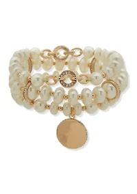 White Bead Gold Tone Three Row Stretch Bracelet