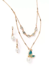  Butterfly Pearl Pendant Necklace and Earring Set