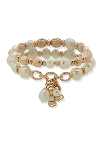  Pearl Texture Floral Charm Stretch Bracelet Set