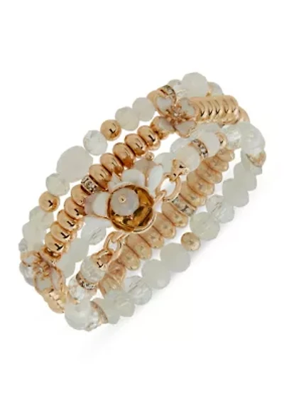 White Beaded Floral Charm Stretch Bracelet set