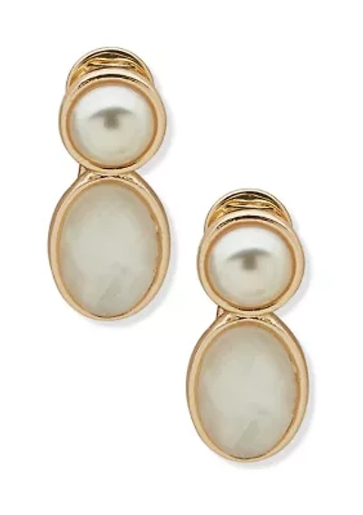 Gold Tone Pearl Stone Clip Earrings