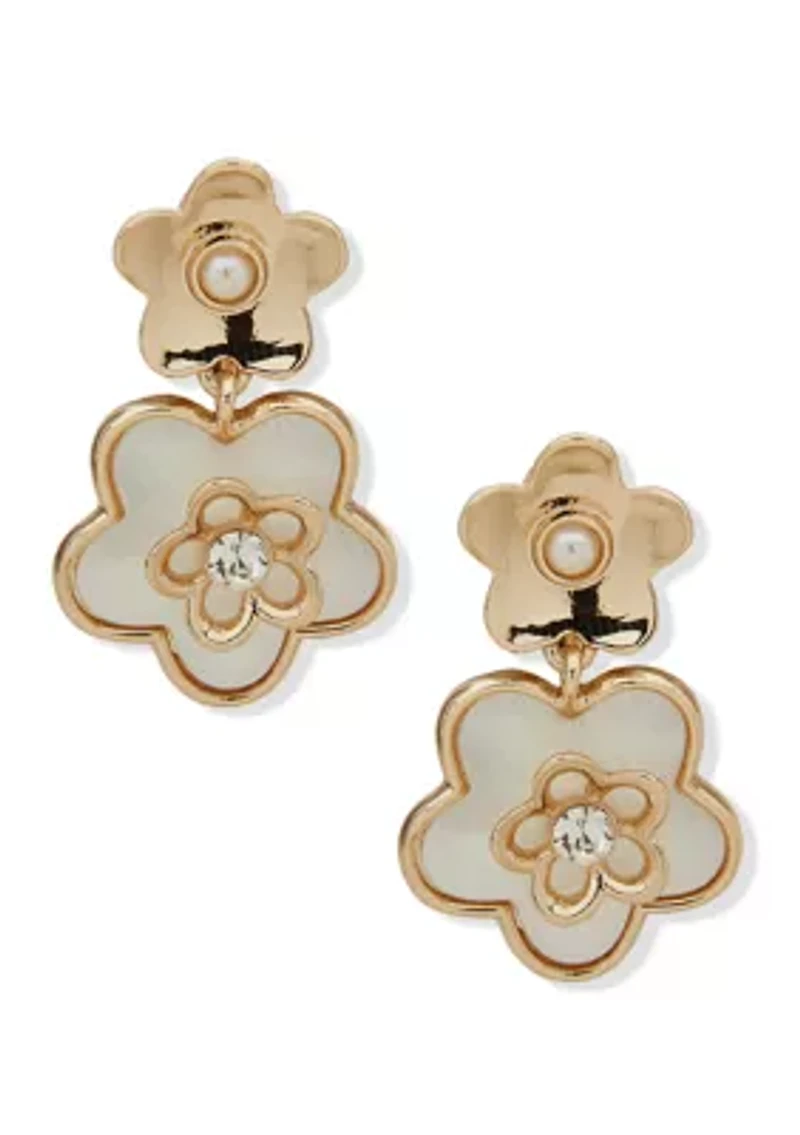 Gold Tone Pearl Double Flower Drop EZ Comfort Clip Earrings