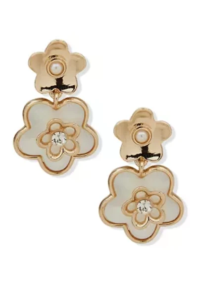 Gold Tone Pearl Double Flower Drop EZ Comfort Clip Earrings