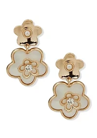 Gold Tone Pearl Double Flower Drop EZ Comfort Clip Earrings