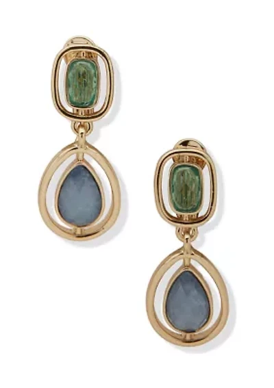 Gold Tone Multi Stone Double Drop EZ Comfort Clip Earrings