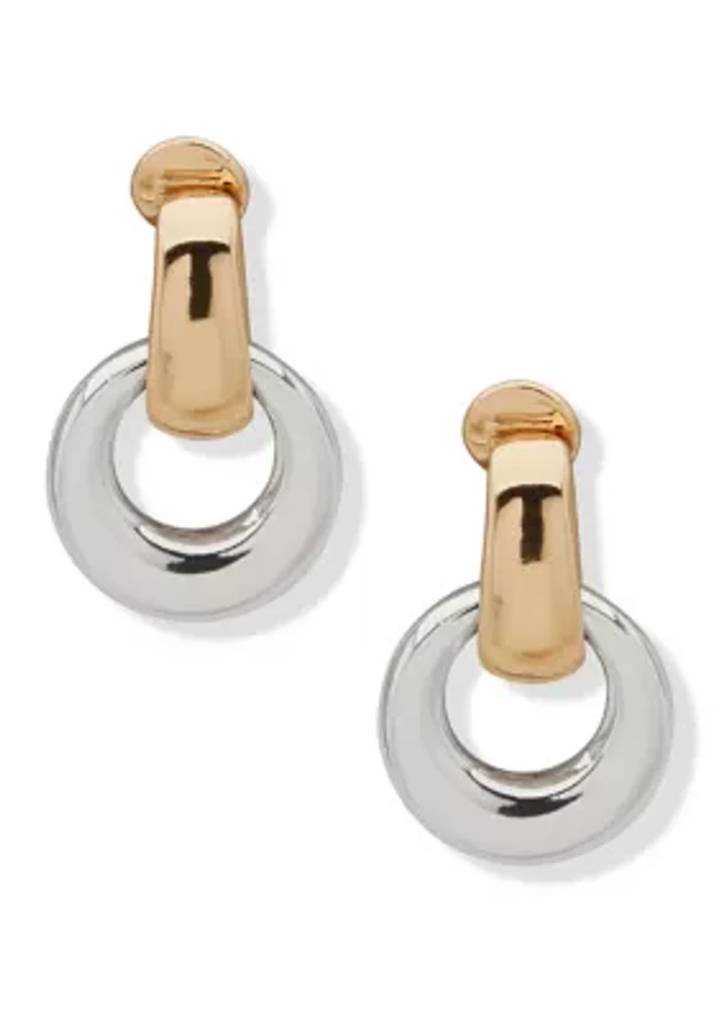 Two Tone Open Link Oval Drop EZ Comfort Clip Earrings