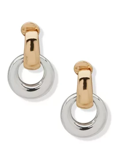 Two Tone Open Link Oval Drop EZ Comfort Clip Earrings