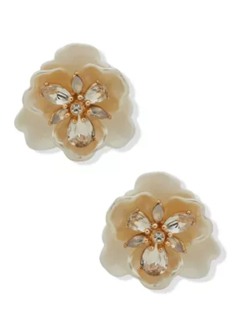 Gold Tone White Flower Button Clip Earrings