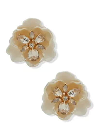 Gold Tone White Flower Button Clip Earrings
