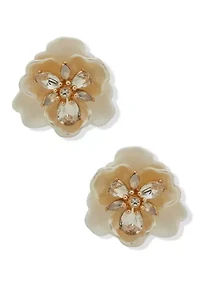 Gold Tone White Flower Button Clip Earrings