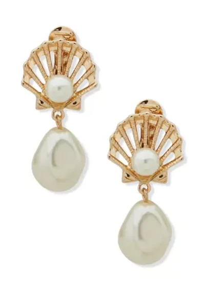 Gold Tone Pearl Shell Motif Drop EZ Comfort Clip Earrings