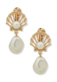 Gold Tone Pearl Shell Motif Drop EZ Comfort Clip Earrings