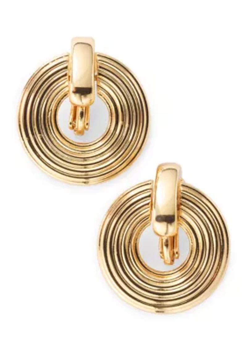 Gold Tone Ribbed Doorknocker Earrings