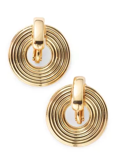Gold Tone Ribbed Doorknocker Earrings