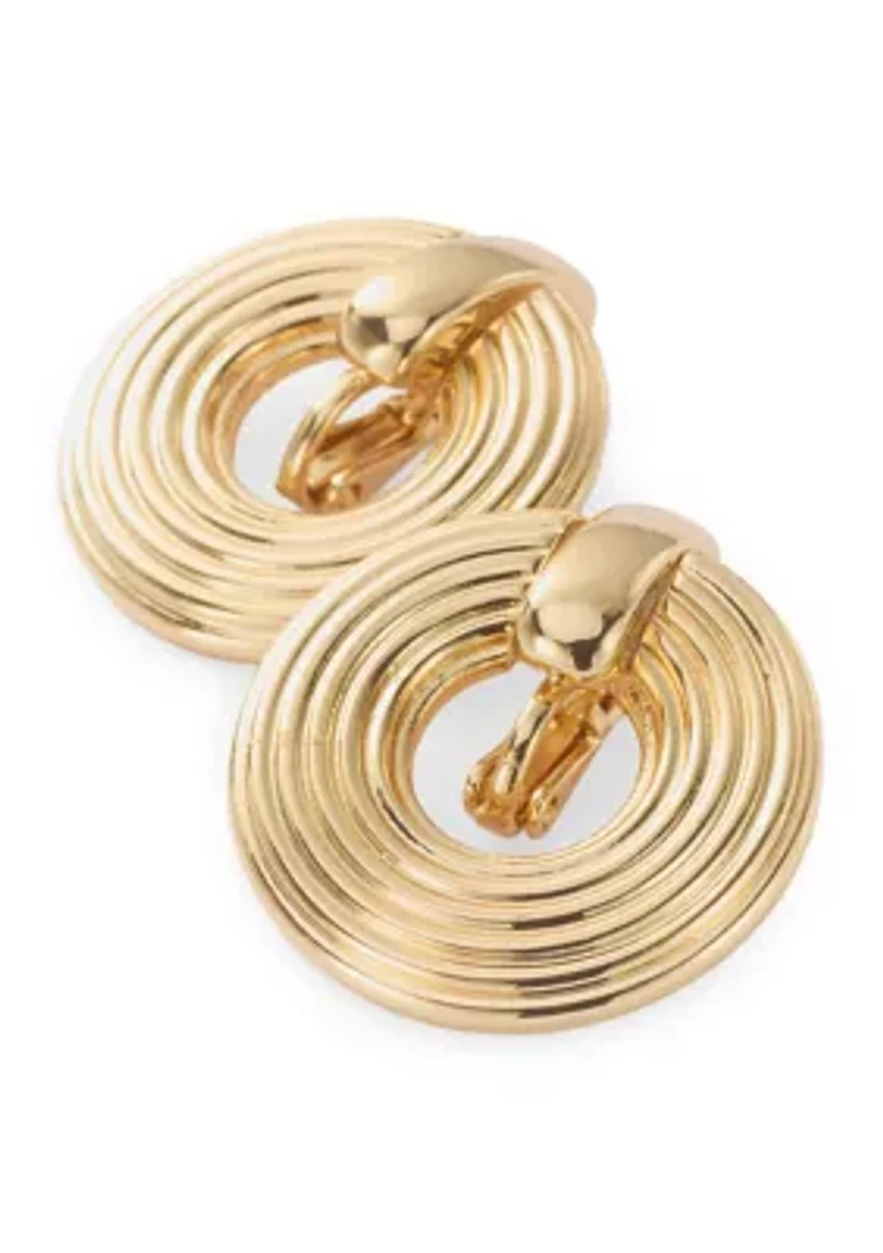Gold Tone Ribbed Doorknocker Earrings