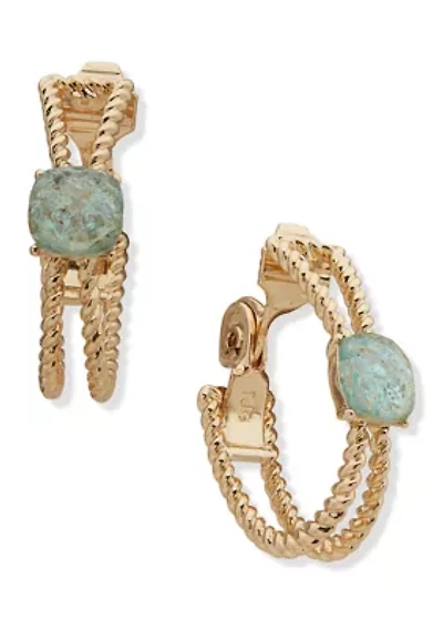 Gold Tone Blue 2 Row Twisted Hoop EZ Comfort Clip Earrings