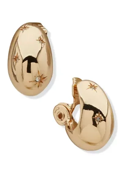Gold Tone Dome Teardrop Star Motif Hoop Earrings