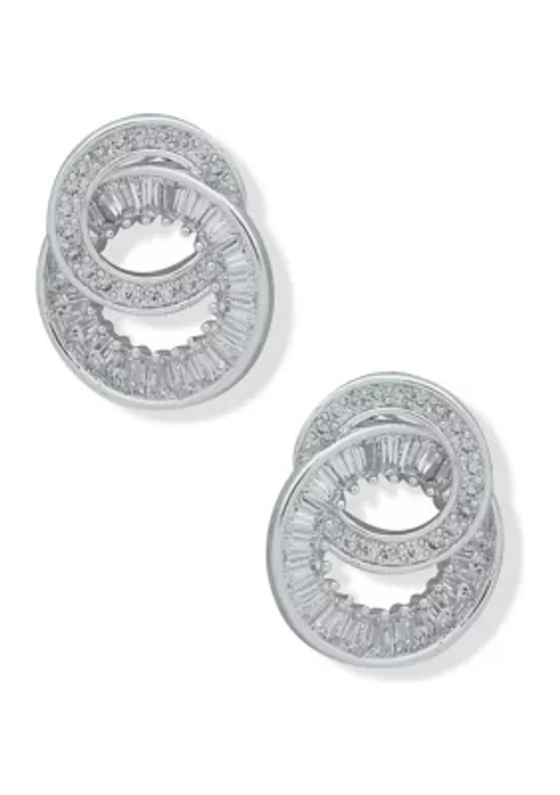 Silver Tone Cubic Zirconia Open Button Earrings