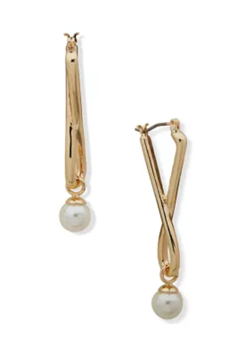 Gold Tone Click Top Hoop Pearl Drop Earrings