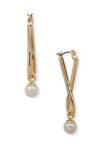Gold Tone Click Top Hoop Pearl Drop Earrings
