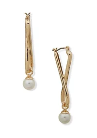 Gold Tone Click Top Hoop Pearl Drop Earrings