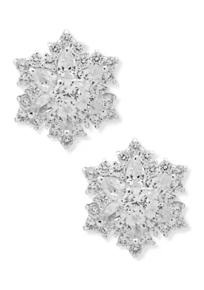 Silver Tone Crystal Snowflake Button Earrings