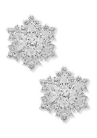 Silver Tone Crystal Snowflake Button Earrings