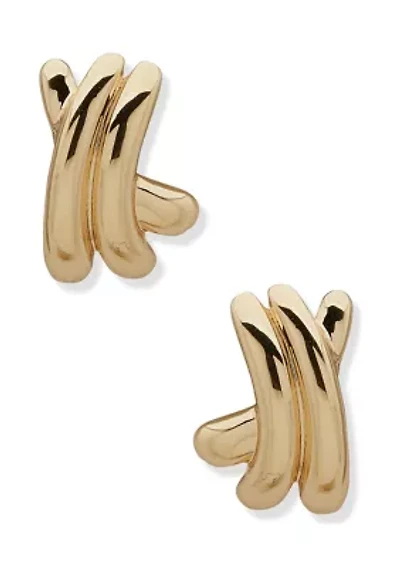 Gold Tone Criss Cross Button Earrings