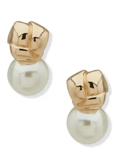 Gold Tone Pearl Knot Stud Earrings