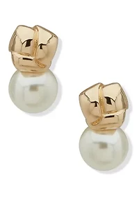 Gold Tone Pearl Knot Stud Earrings