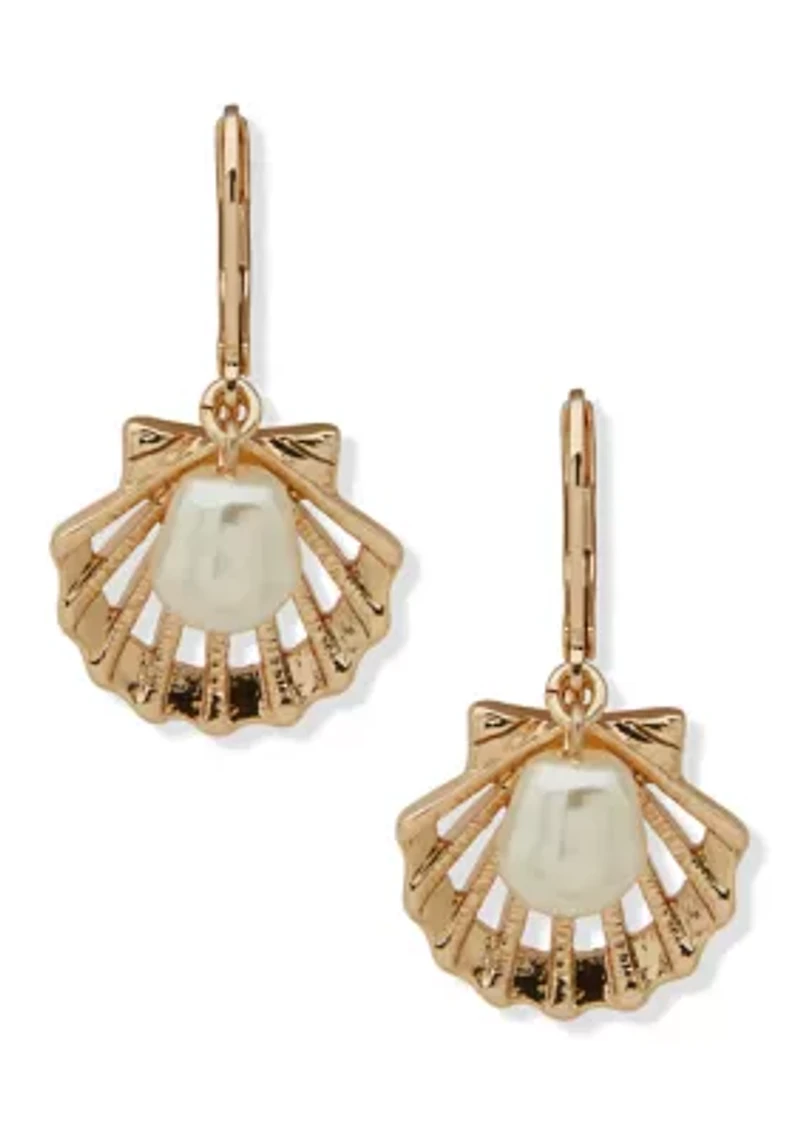 Gold Tone Pearl Motif Shell Earrings
