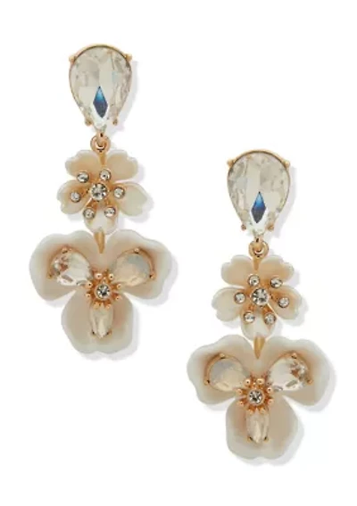 Gold Tone White Flower Linear Earrings