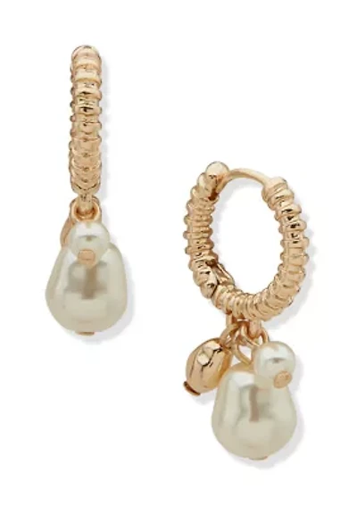 Gold Tone Pearl Ribbed Huggie Drop Earrings