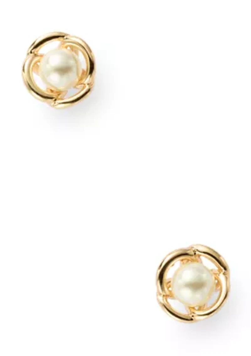 Gold Tone Caged White Pearl Stud Earrings