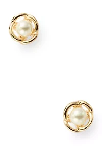 Gold Tone Caged White Pearl Stud Earrings